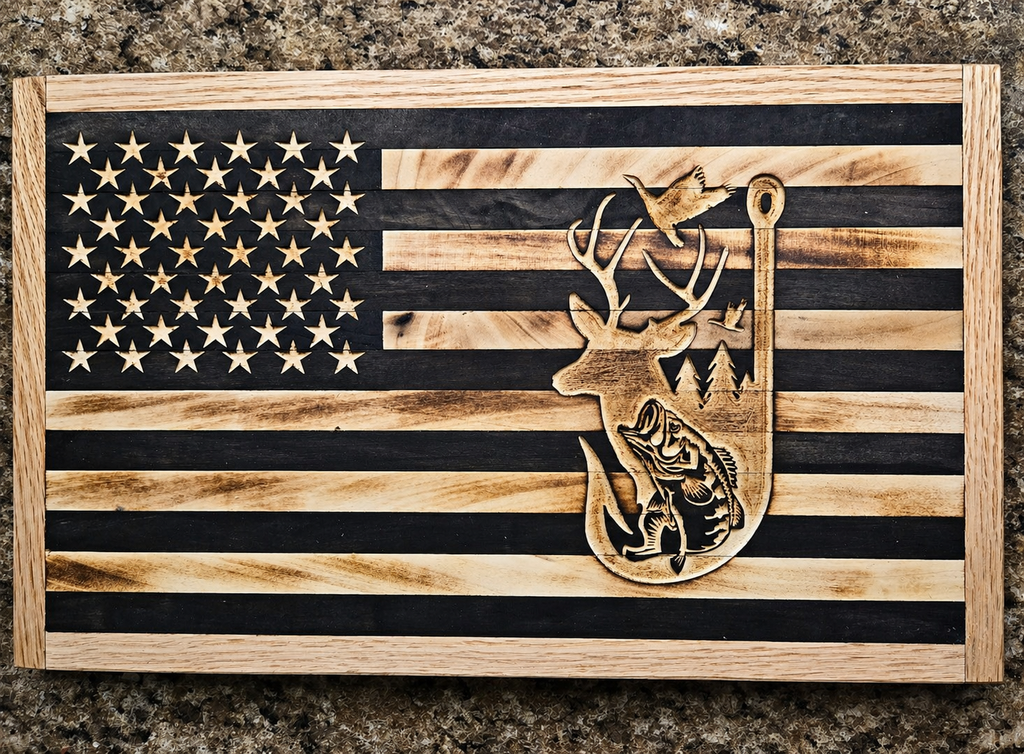 Handcrafted Wooden American Flag – Hunting & Outdoors Edition
