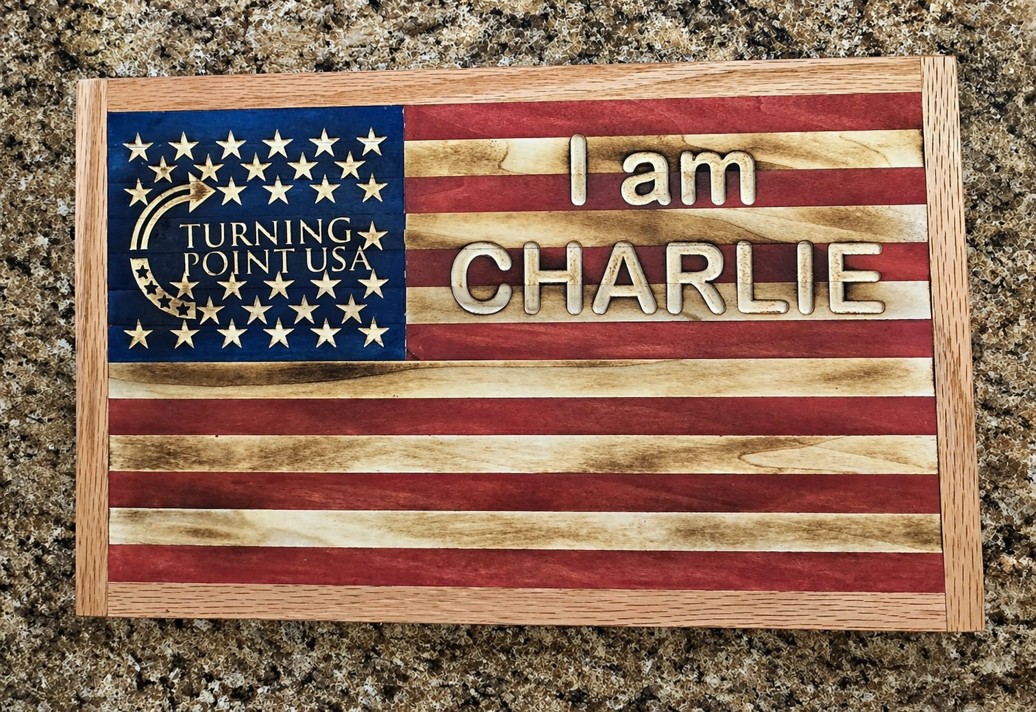 Handcrafted Wooden American Flag Plaque – “I Am Charlie”